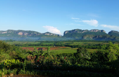 Wide view of the vibrant green landscape of Cuba with verdant mountains rising in the background.