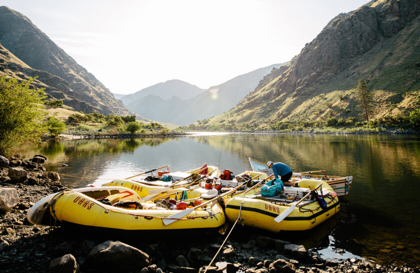 Several yellow rafts and a dory are tied up on the shoreline of the Snake River with rocky green hills rising all around and a guide works on one of the rafts.