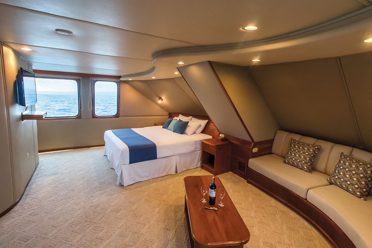 A large suite room on the Integrity yacht.