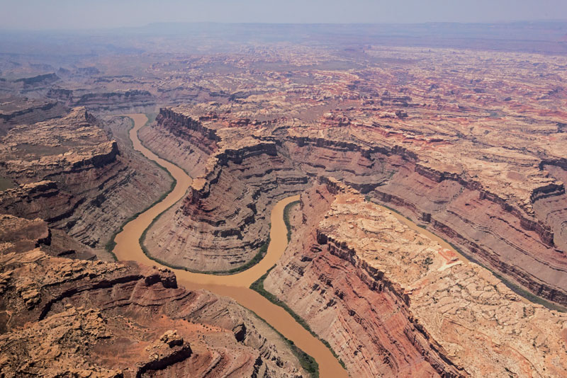 An aerial view of the confluence of the Green and Colorado rivers.