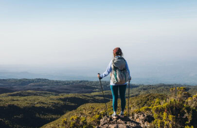 A hiker stands on a rocky ledge, gazing at a vast landscape of green hills under a clear sky, holding trekking poles.