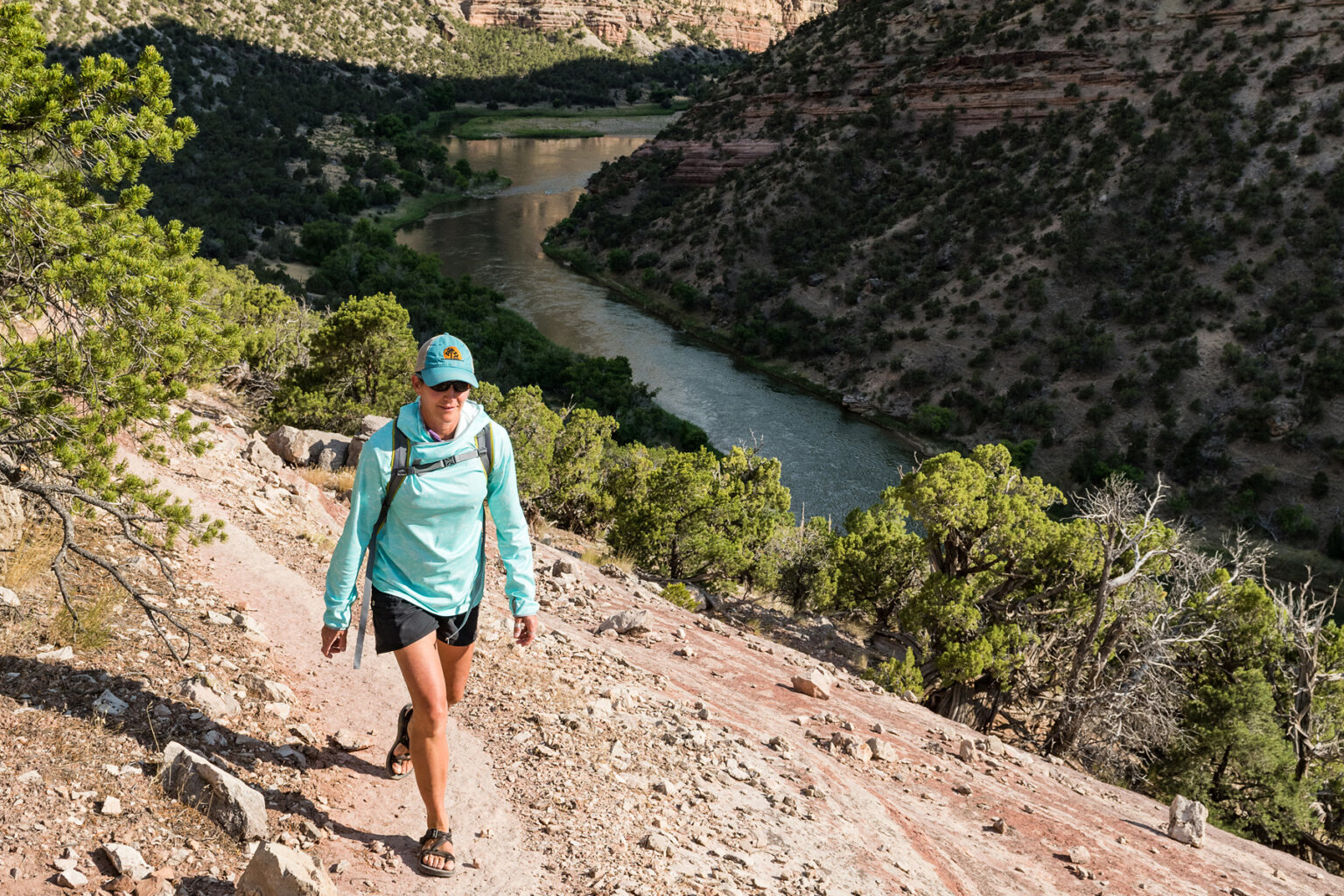 A hiker walks along a trail high above the Green River on a Gates of Lodore trip.