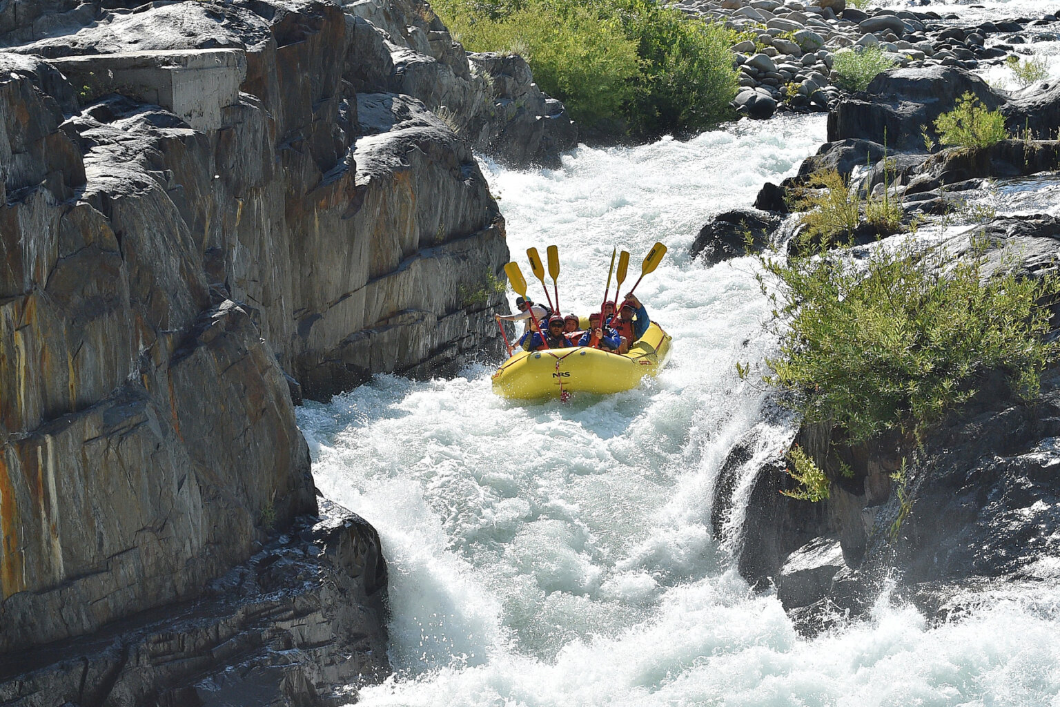 A group of paddlers get down in a yellow raft with their paddles held straight in air as a guide paddles as they enter frothy Tunnel Chute rapid.