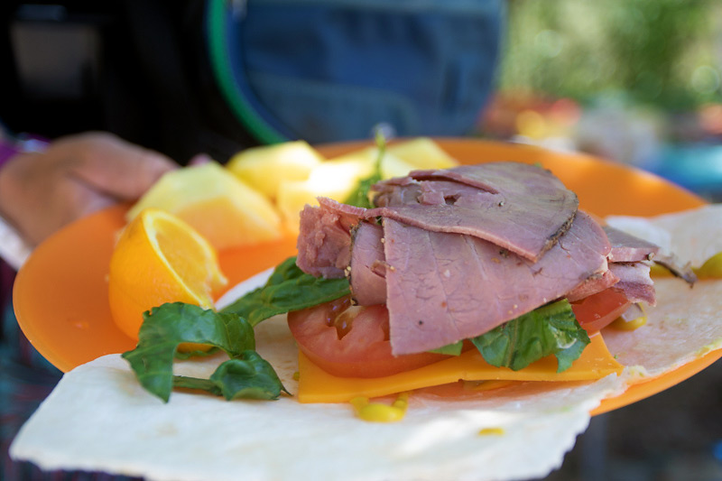 Close up of an orange plate with roast beef, cheddar, tomatoes and lettuce on a tortilla before being rolled up into a wrap with slices of fresh fruit to the side.