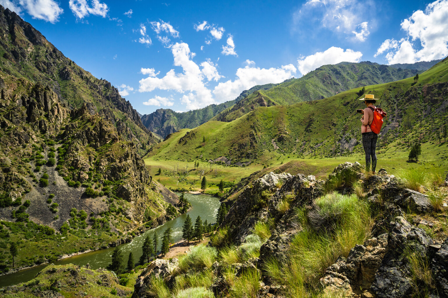 A hiker stands on a boulder high above the Salmon River and densely lush hillsides and mountains rise in the distance.