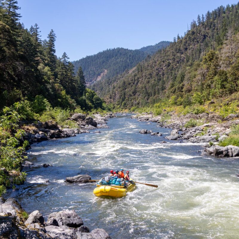 A yellow raft with four people navigates the Wild & Scenic Rogue River surrounded by steep green hills and rocky shores under a clear blue sky.