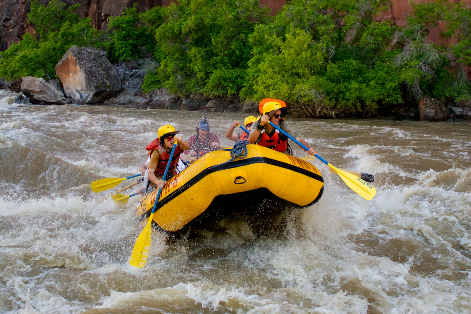 Guests on a yellow raft paddle through whitewater on the Yampa River.